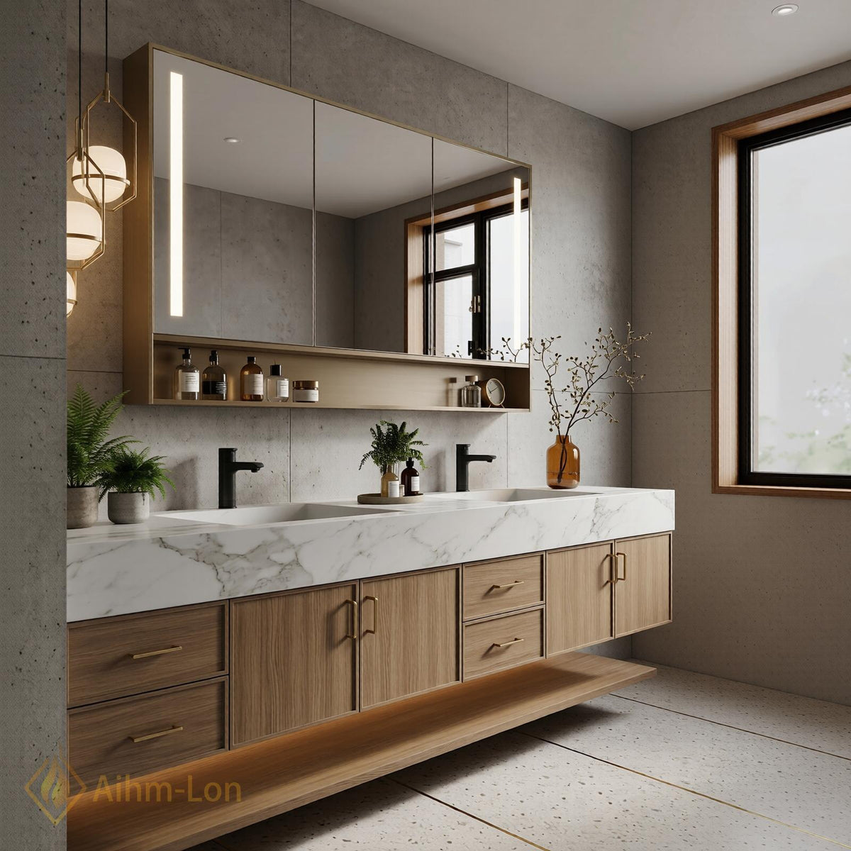 60''-96'' Bathroom Vanity with Sink Modern Floating Marble Top Light Wood Frame