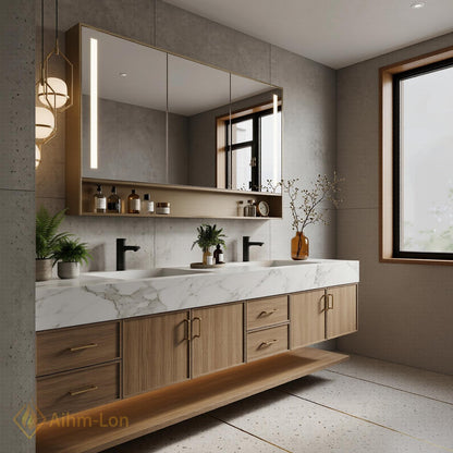 60''-96'' Bathroom Vanity with Sink Modern Floating Marble Top Light Wood Frame