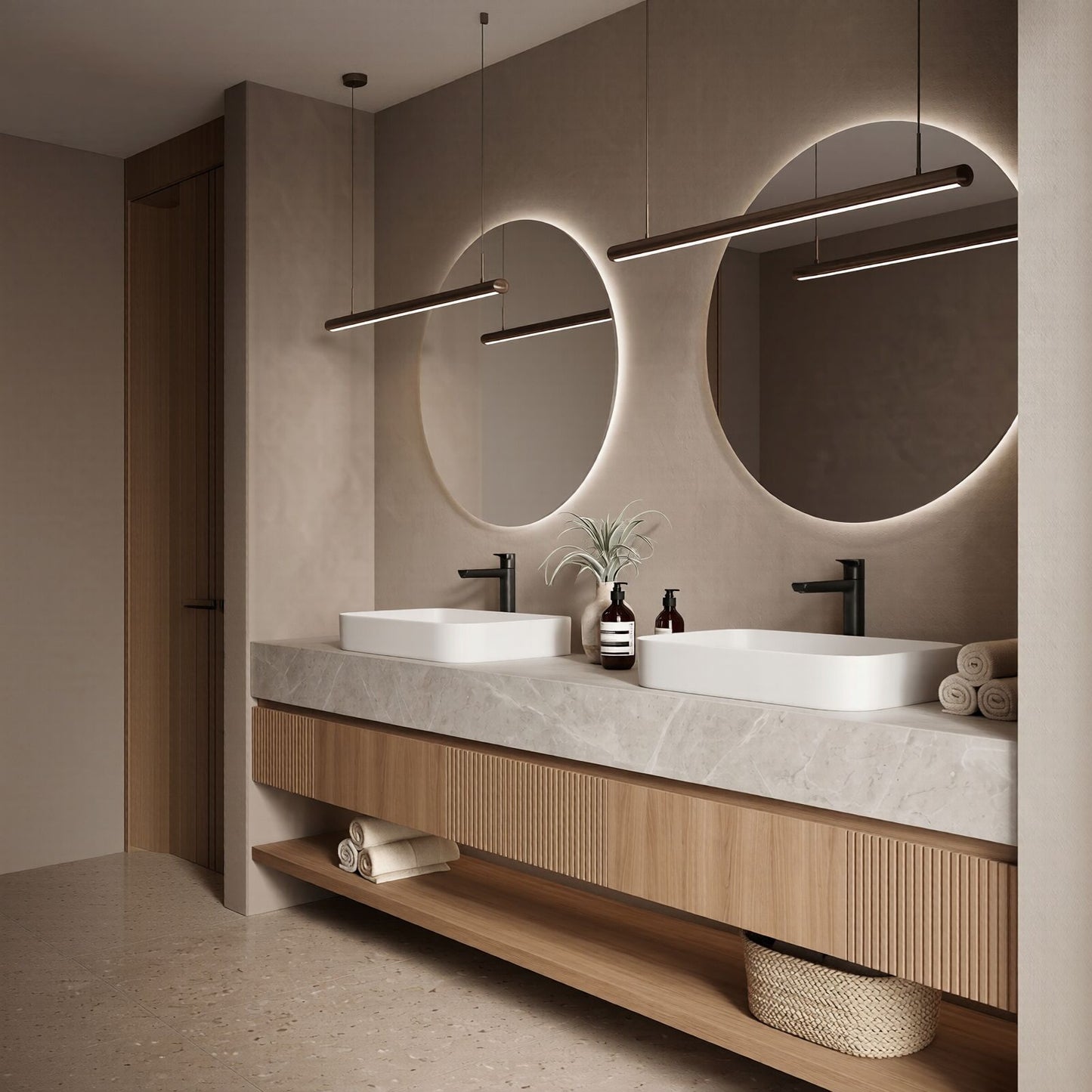 60''-96'' Modern Bathroom Vanity with Sink Grey Veining Top Slatted Wood Panels