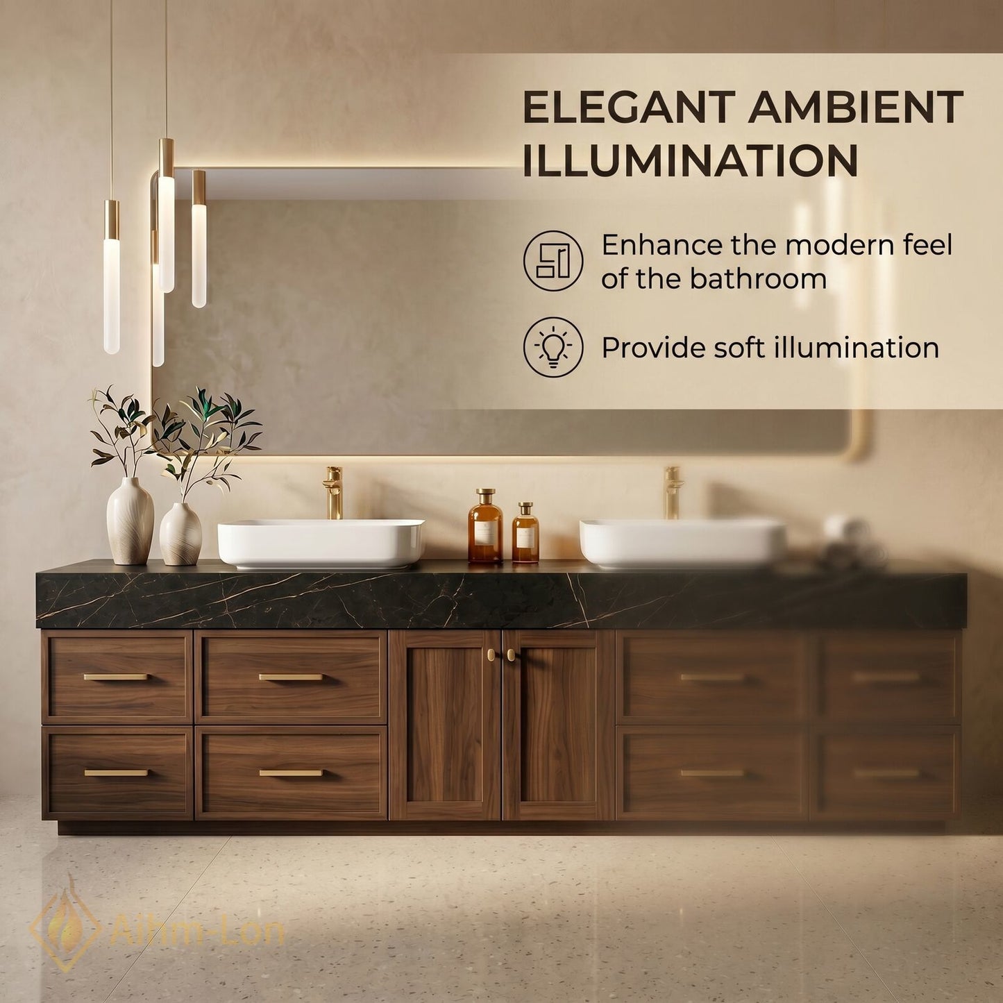 76''-96'' Double Bathroom Vanity with Sink Wood-Grain Dark Marble Top Grained Drawers