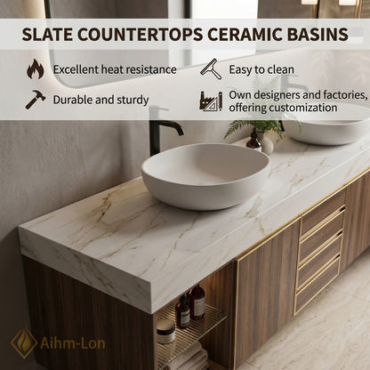 60''-96'' Double Bathroom Vanity with Sink Vessel Basins Walnut Finish Storage