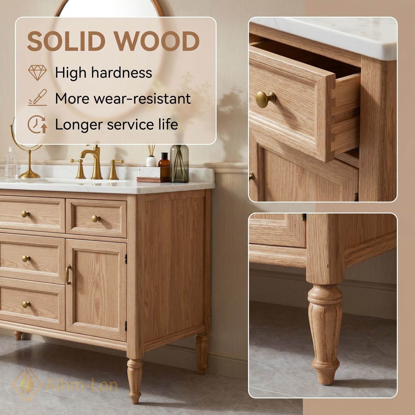 52''-64'' Classic Bathroom Vanity with Sink Oak Wood Turned Leg Open Drawers