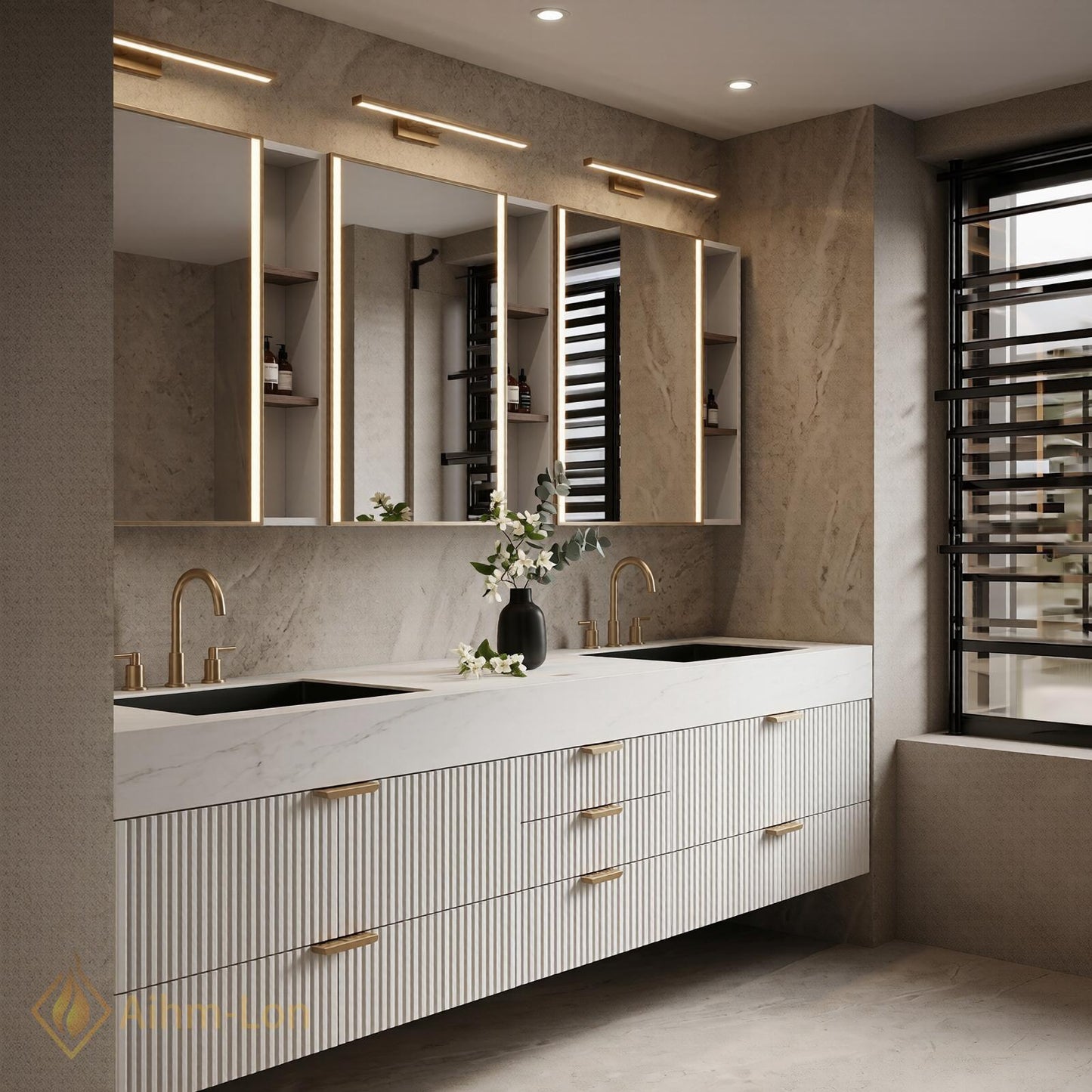 72''-96'' Double Bathroom Vanity with Sink White Modern Floating Panels Marble-Top