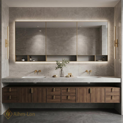 80''-96'' Double Bathroom Vanity with Sink Floating Double Walnut Finish Modern