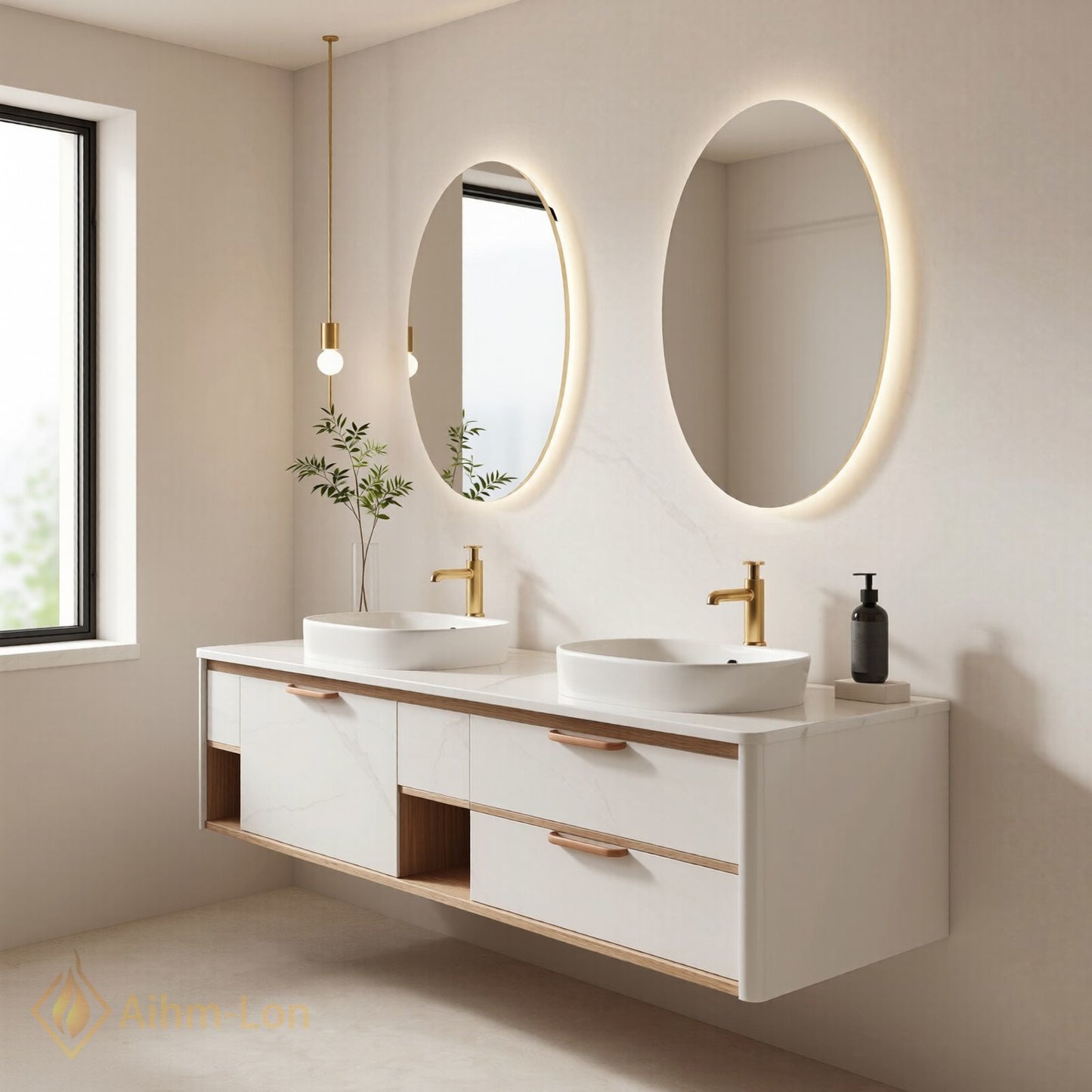 60''-96'' Floating Bathroom Vanity with Sink Double Basin Marble Pattern Finish Storage