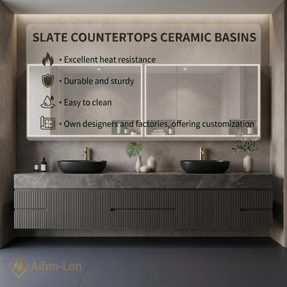 60''-96'' Modern Double Bathroom Vanity with Sink Floating Grey Marble Slatted Front