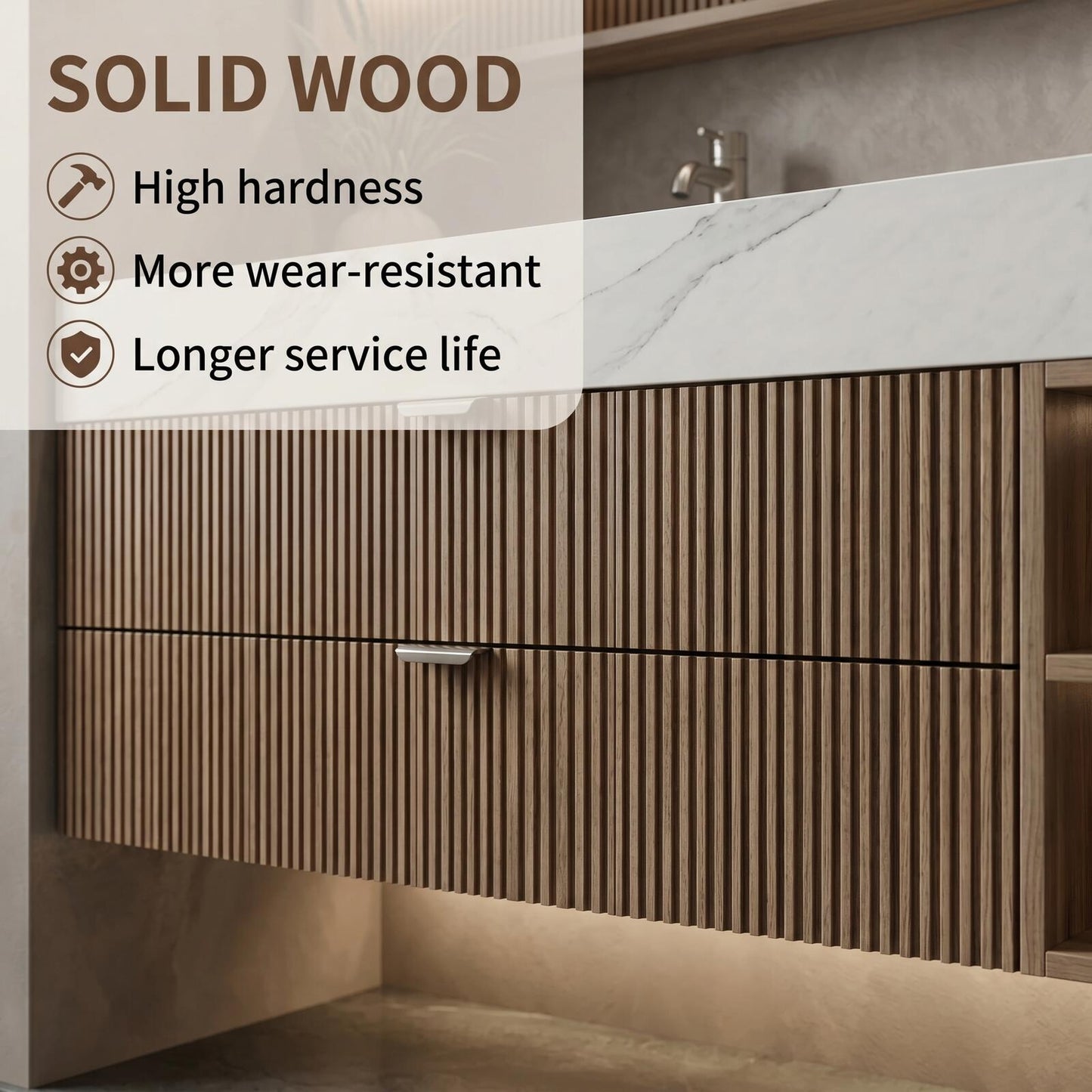 60''-96'' Modern Bathroom Vanity with Sink Floating White Marble Top Fluted Drawers