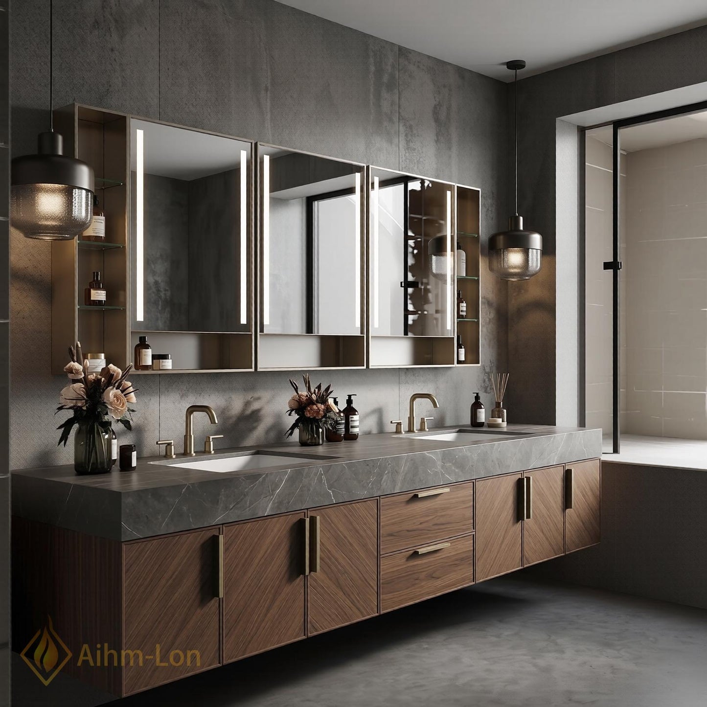 70''-96'' Double Bathroom Vanity with Sink Modern Dark Wood Grain Finish Glass