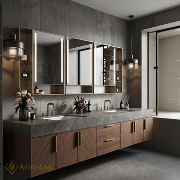 70''-96'' Double Bathroom Vanity with Sink Modern Dark Wood Grain Finish Glass
