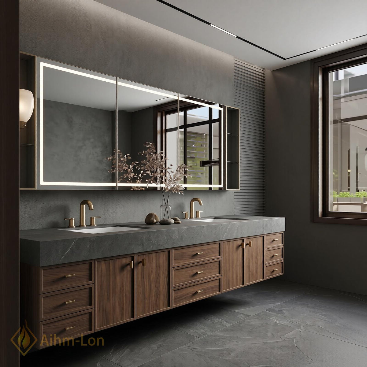 60''-96'' Double Bathroom Vanity with Sink Slatted Panel Finish Marble Top