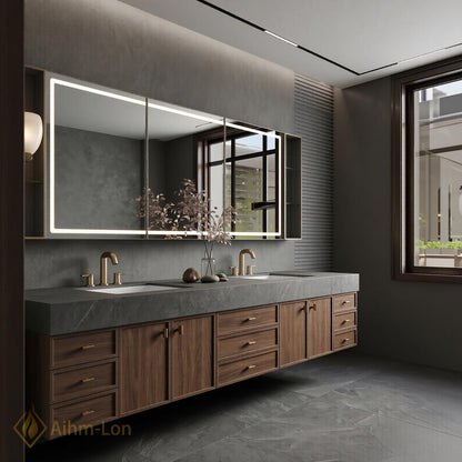 60''-96'' Double Bathroom Vanity with Sink Slatted Panel Finish Marble Top
