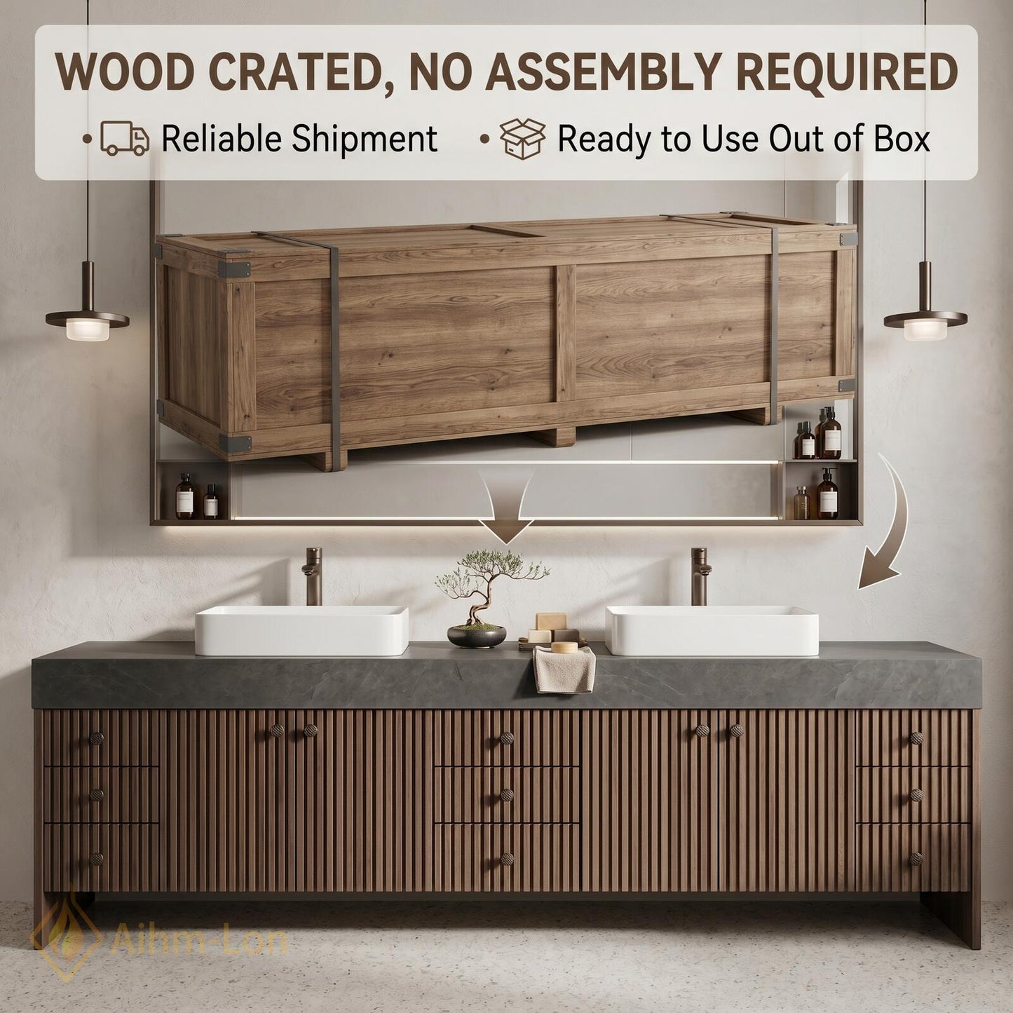 76''-96'' Modern Floating Bathroom Vanity with Sink Double Dark Walnut Slatted Panel