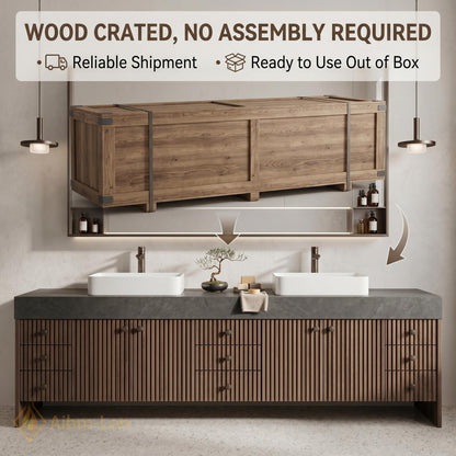 76''-96'' Modern Floating Bathroom Vanity with Sink Double Dark Walnut Slatted Panel