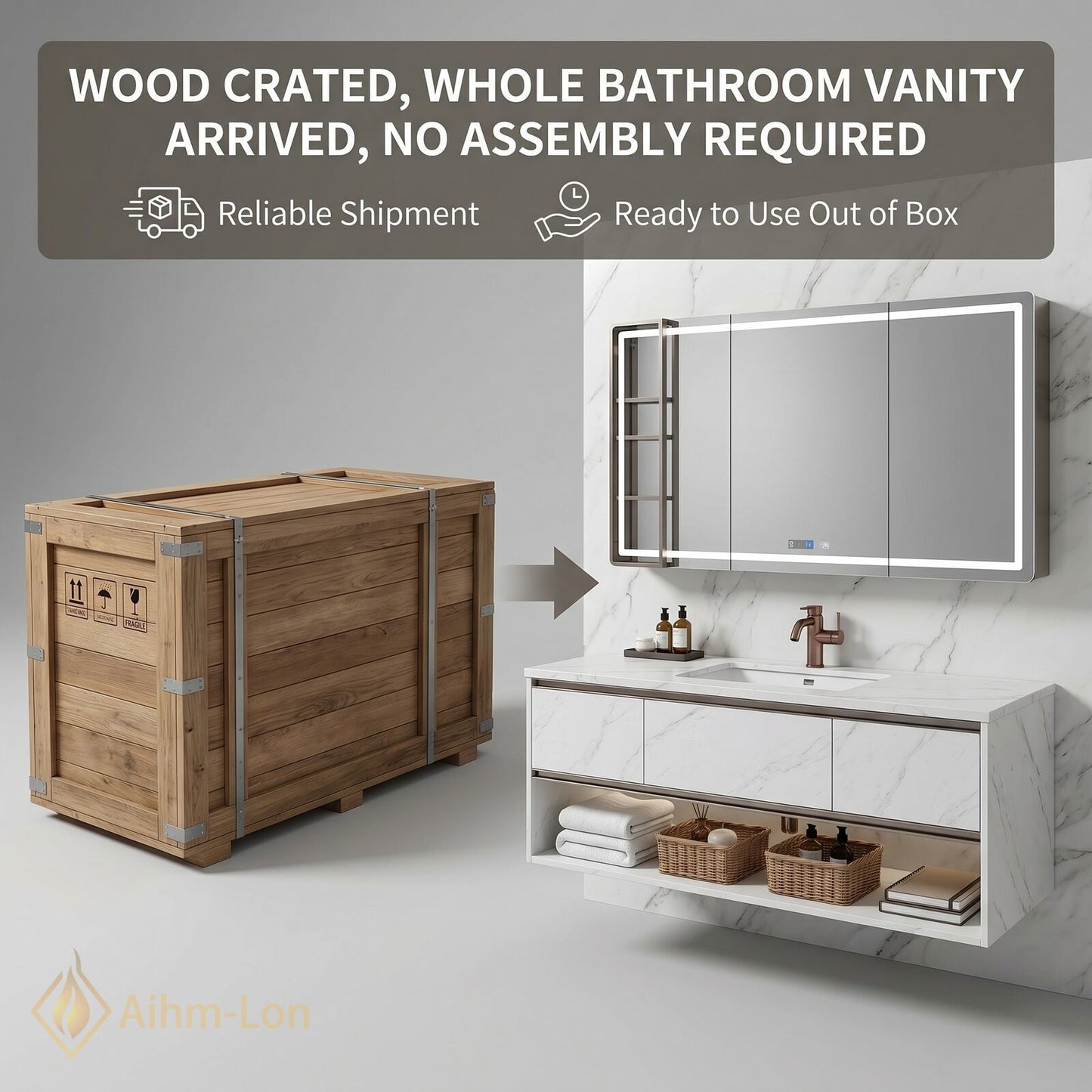 36''-64'' Modern Bathroom Vanity with Sink White Marble Floating Smart Digital Mirror