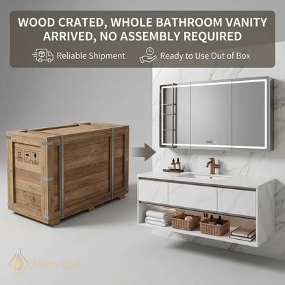 36''-64'' Modern Bathroom Vanity with Sink White Marble Floating Smart Digital Mirror