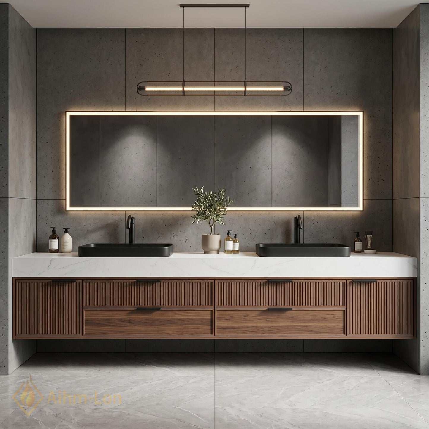 76''-96'' Double Bathroom Vanity with Sink Dark-Walnut Wood Modern Floating Basin