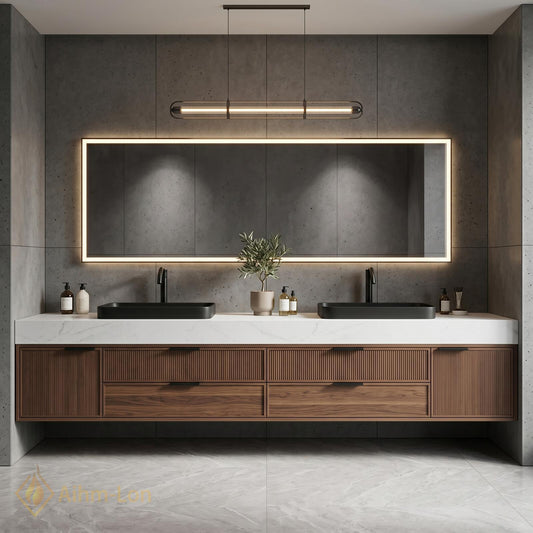 76''-96'' Double Bathroom Vanity with Sink Dark-Walnut Wood Modern Floating Basin