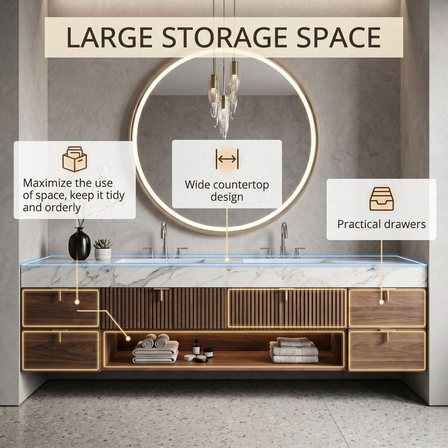 60''-96'' Modern Bathroom Vanity with Sink Floating Wood Grain Front Marble Top