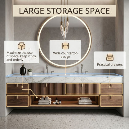 60''-96'' Modern Bathroom Vanity with Sink Floating Wood Grain Front Marble Top