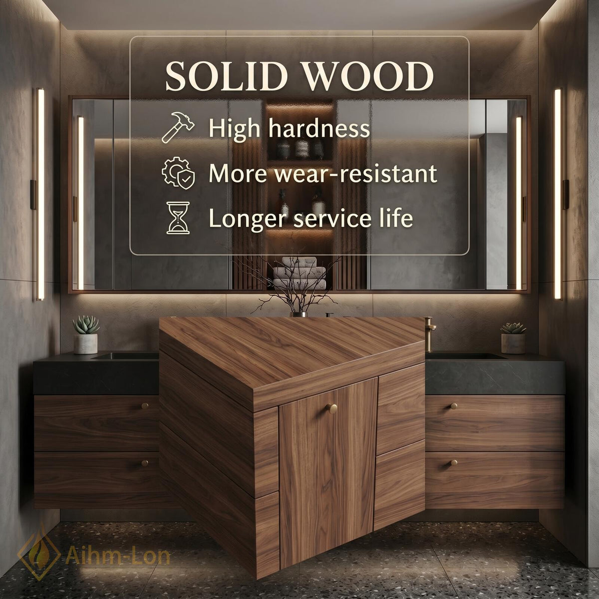 60''-96'' Double Bathroom Vanity with Sink Modern Floating Dark Walnut Open Shelving