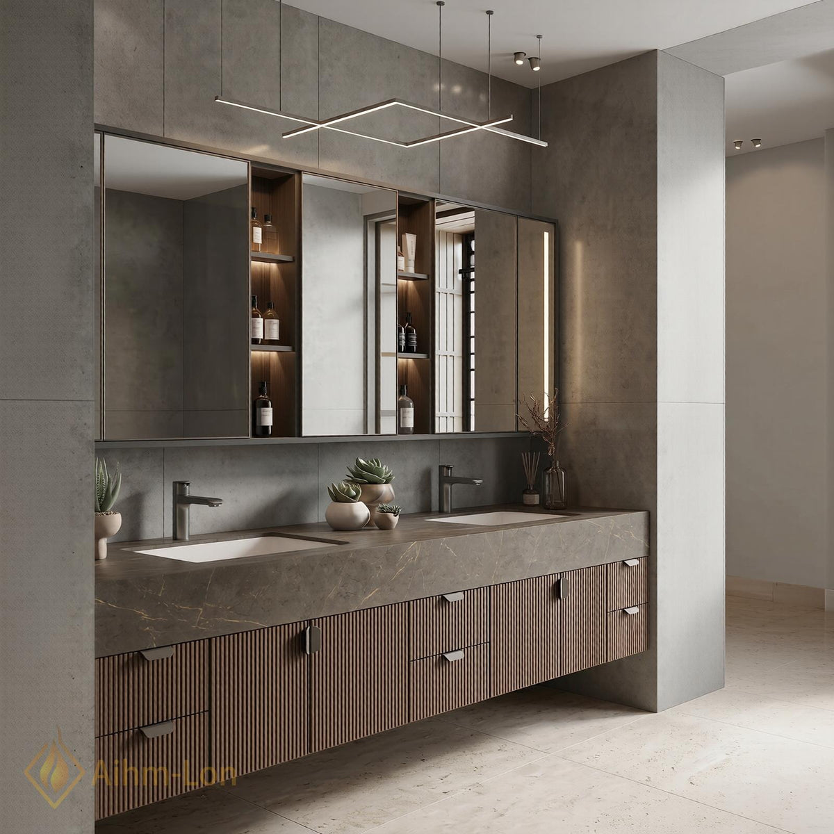 60''-96'' Double Bathroom Vanity with Sink Slatted Gray Warm Wood Texture Shelving