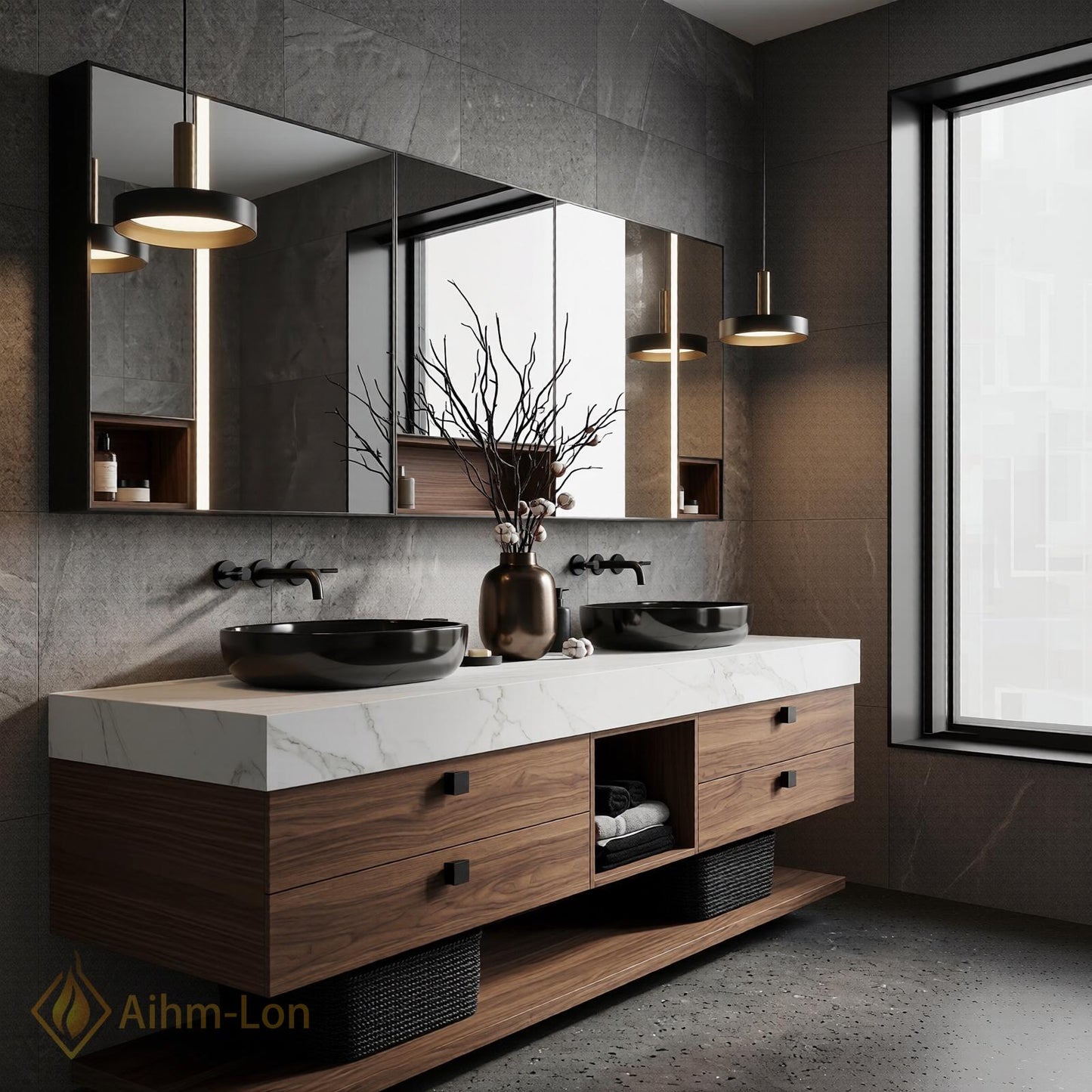 60''-96'' Double Bathroom Vanity with Sink White Slatted-Panel Marble Countertop Open