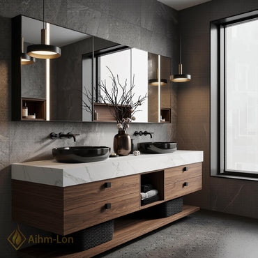 60''-96'' Double Bathroom Vanity with Sink White Slatted-Panel Marble Countertop Open