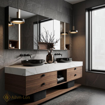 60''-96'' Double Bathroom Vanity with Sink White Slatted-Panel Marble Countertop Open