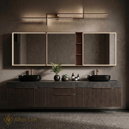60''-96'' Double Bathroom Vanity with Sink Ribbed Wood Panels Marble Top Shelving