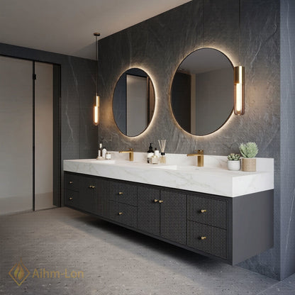 76''-96'' Double Bathroom Vanity with Sink Dark Ribbed Front Panel Floating Storage
