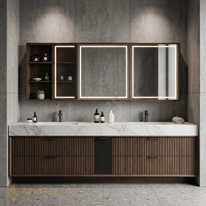 60''-96'' Double Bathroom Vanity with Sink Elegant Floating Dark Walnut Marble Surface