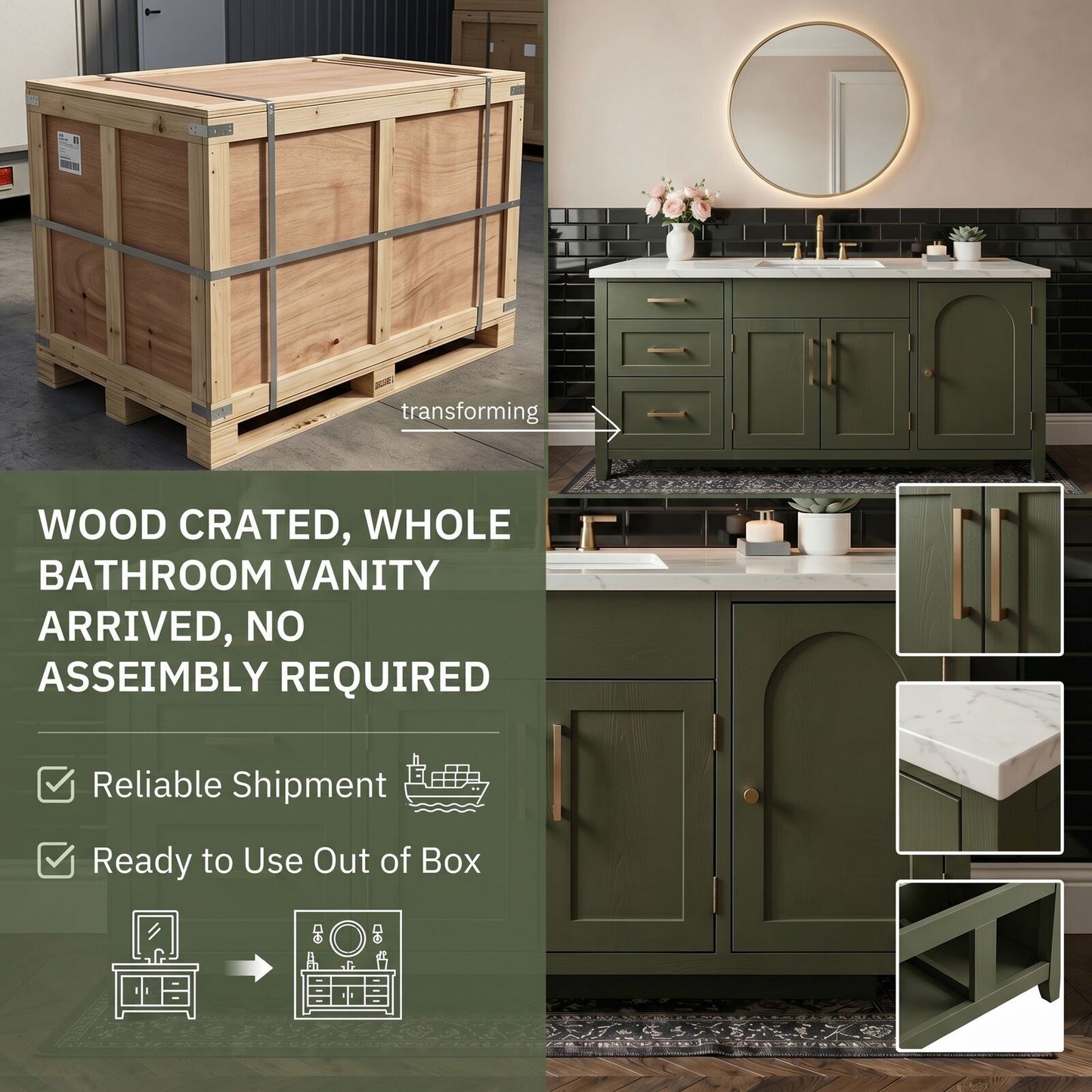 52''-64'' Modern Bathroom Vanity with Sink Single Olive Green Solid Wood Drawers Cabinet