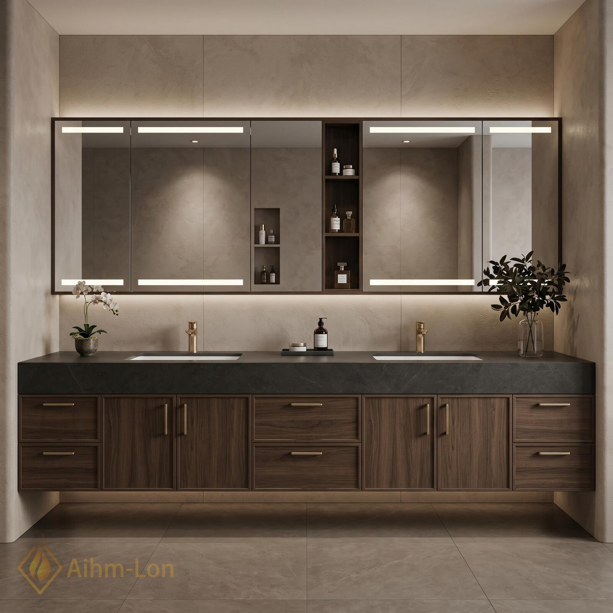 60''-96'' Double Bathroom Vanity with Sink Dark Stone Top Warm Wood-Grain Cabinetry