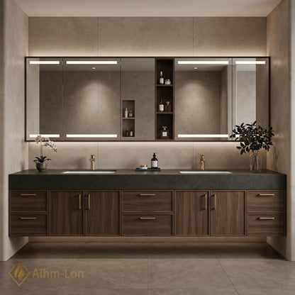 60''-96'' Double Bathroom Vanity with Sink Dark Stone Top Warm Wood-Grain Cabinetry