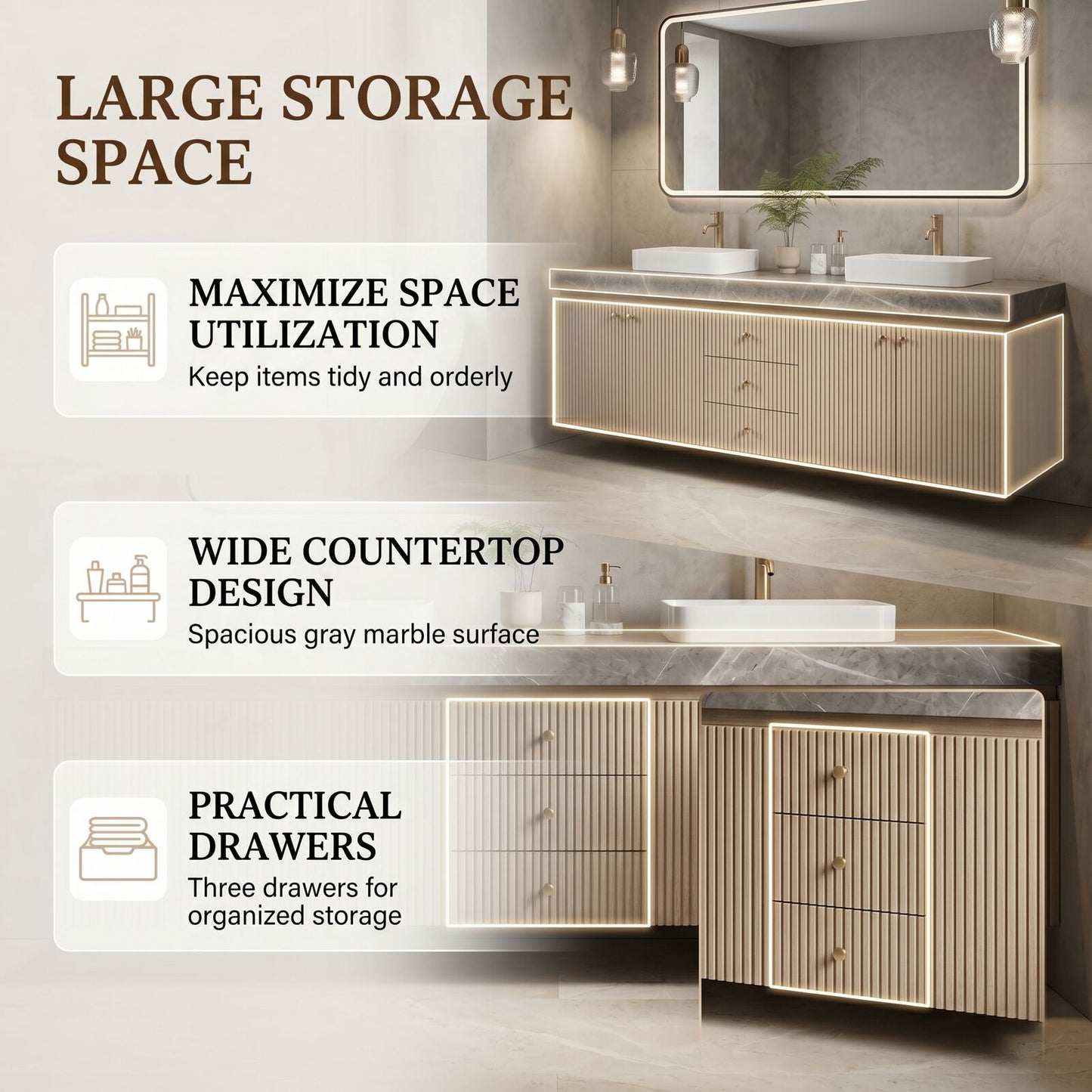 60''-96'' Double Bathroom Vanity with Sink Ribbed Panel Fronts Slate Gray Top