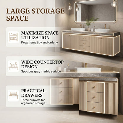 60''-96'' Double Bathroom Vanity with Sink Ribbed Panel Fronts Slate Gray Top