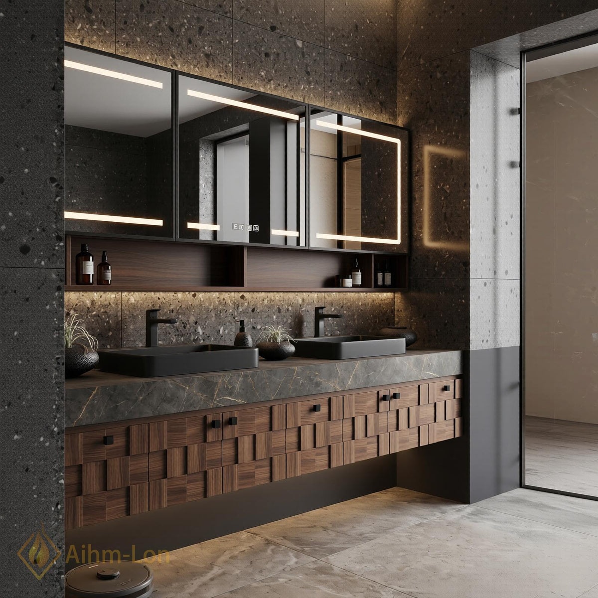 60''-96'' Double Bathroom Vanity with Sink Modern Geometric Cube Drawers Dark Walnut