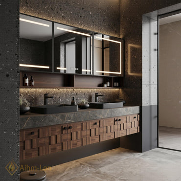 60''-96'' Double Bathroom Vanity with Sink Modern Geometric Cube Drawers Dark Walnut