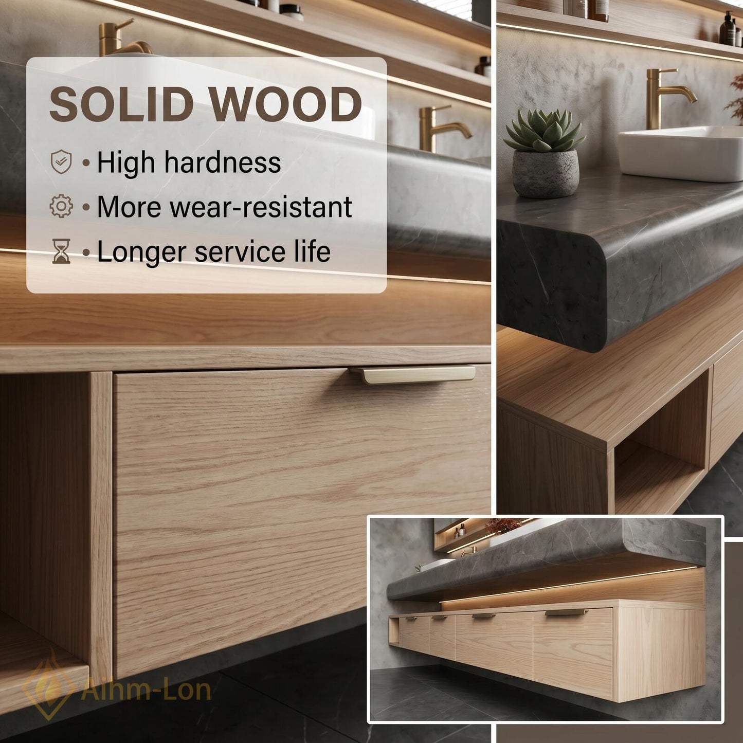70''-96'' Double Bathroom Vanity with Sink Modern Floating Open Shelving Light Oak
