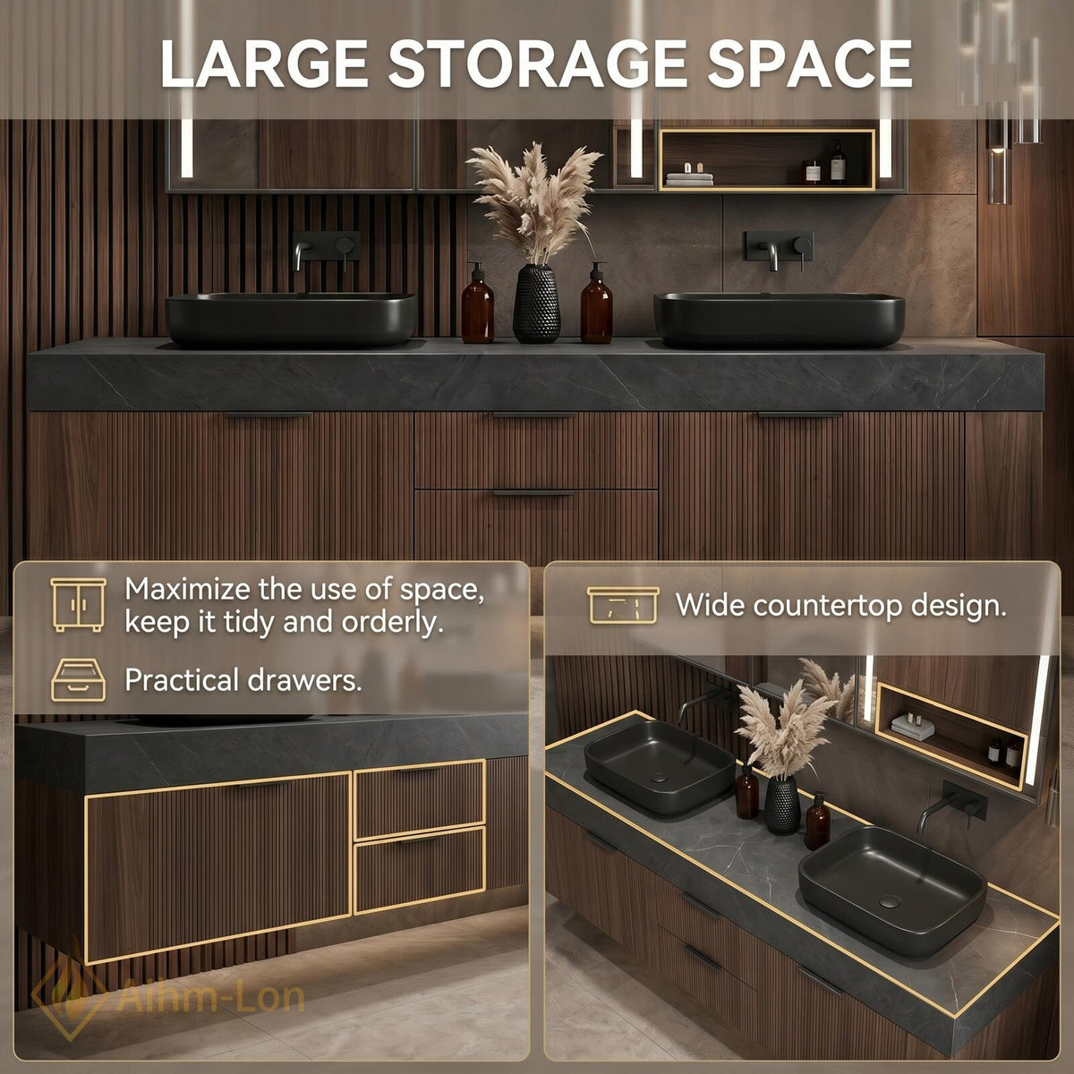 60''-96'' Double Bathroom Vanity with Sink Dark Grey Stone Top Slatted Front