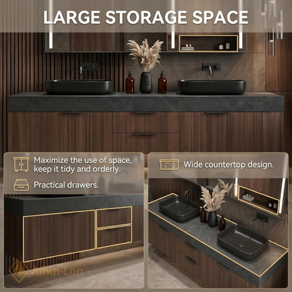 60''-96'' Double Bathroom Vanity with Sink Dark Grey Stone Top Slatted Front