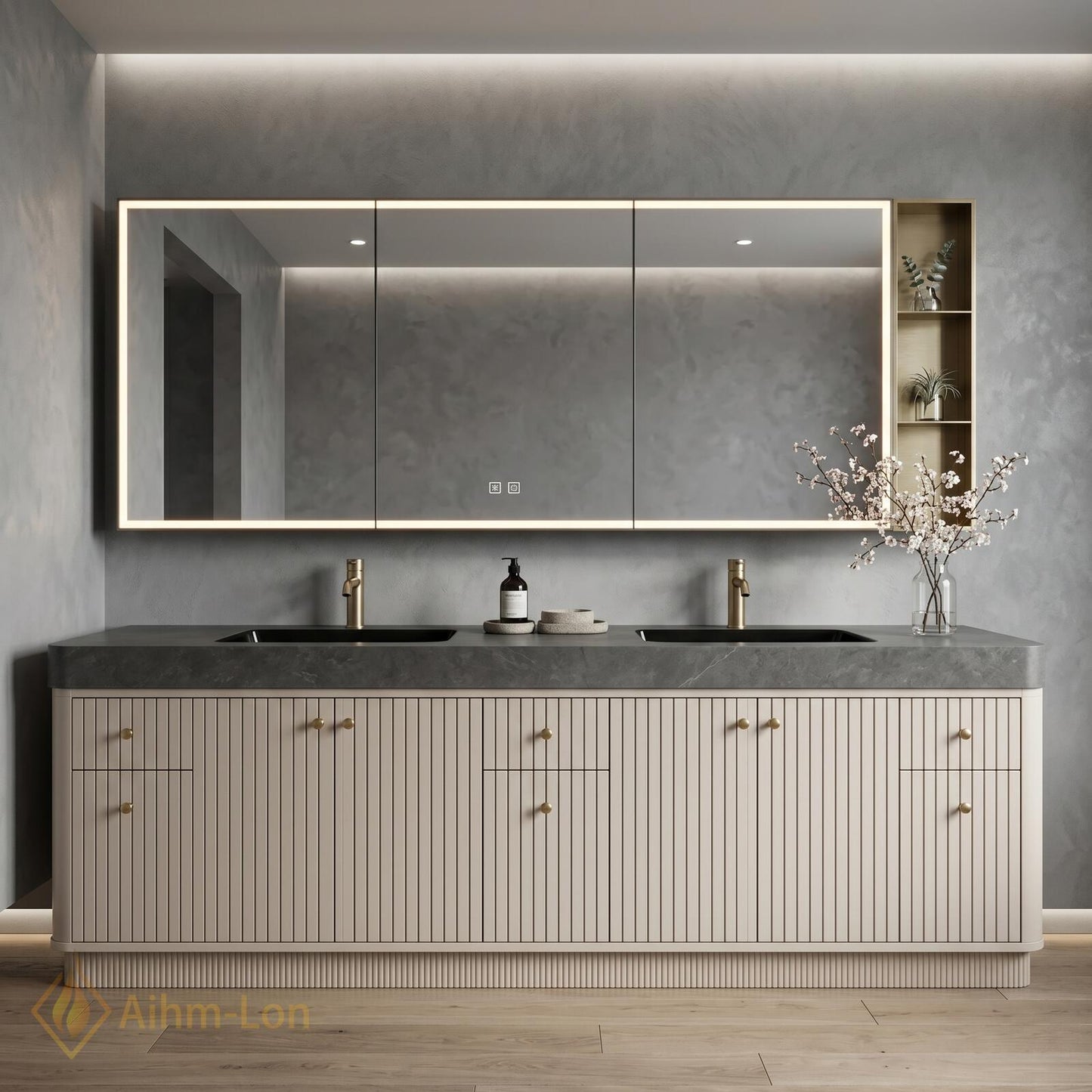 70''-96'' Double Bathroom Vanity with Sink Modern Floating Dark Grey Stone Top