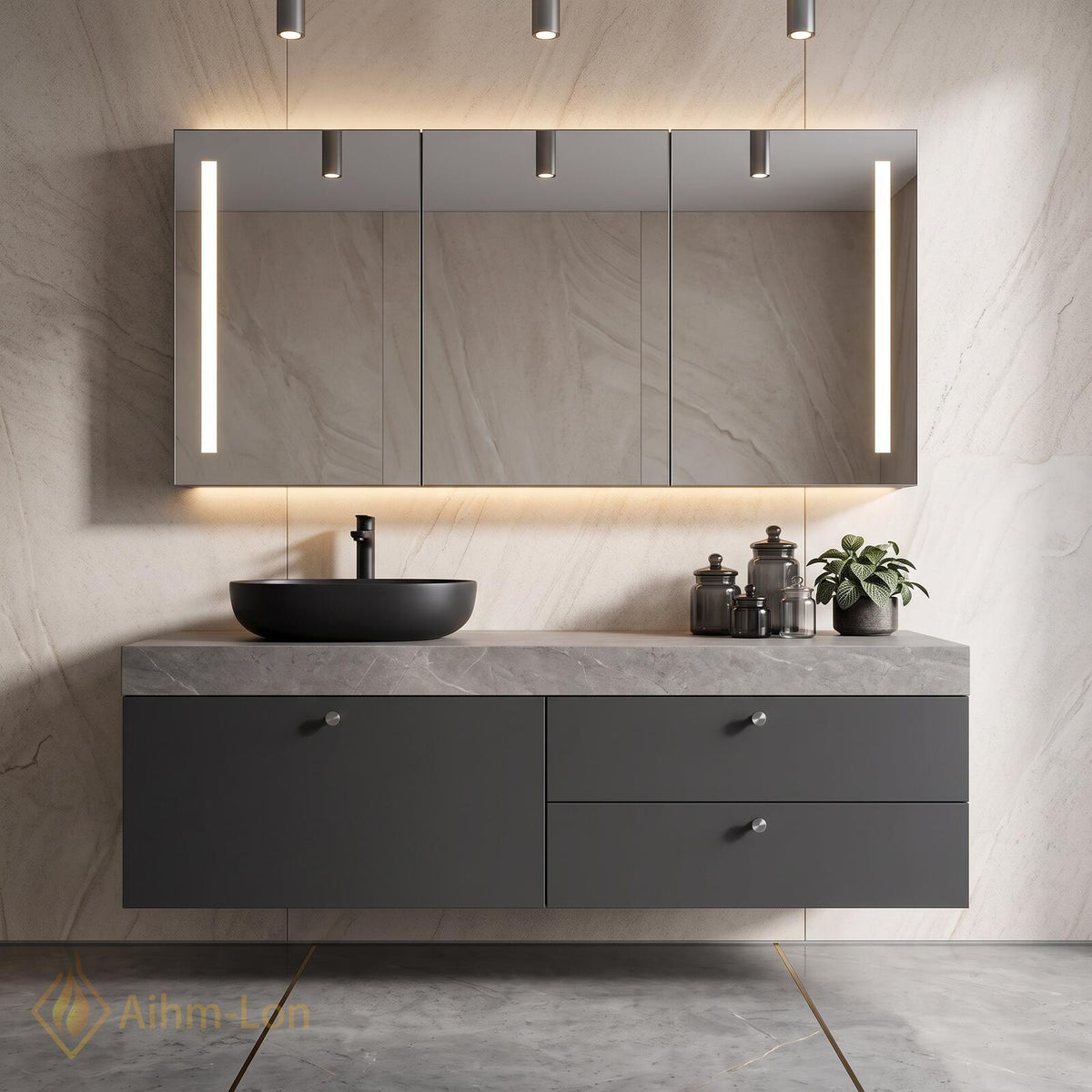 36''-110'' Floating Bathroom Vanity with Sink Grey Finish Stone Top Hidden Drawers