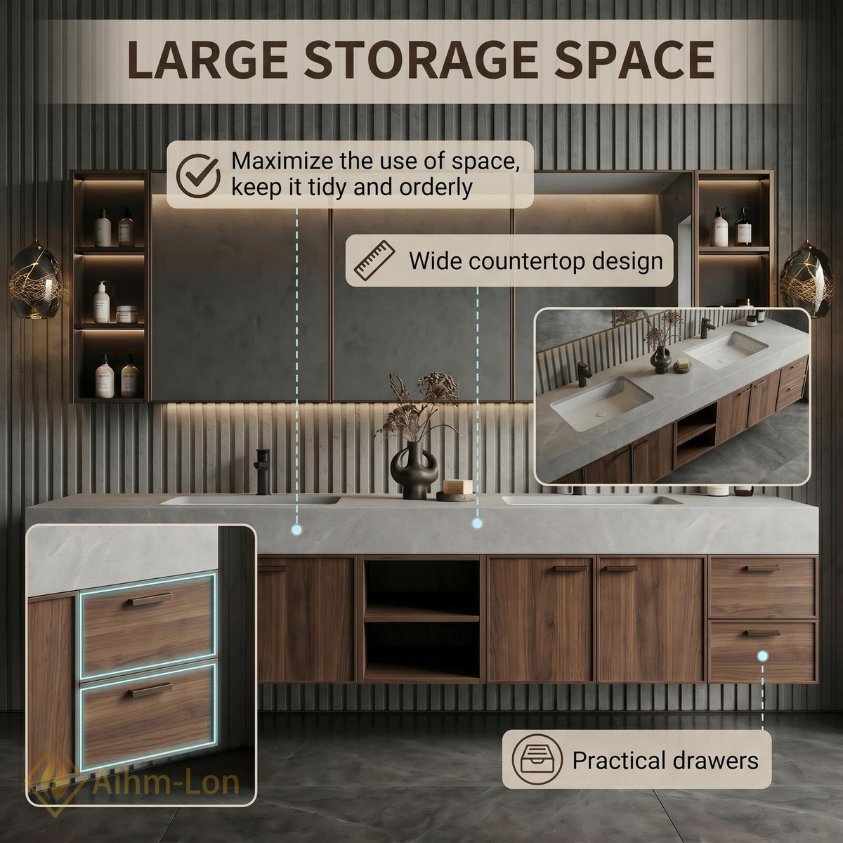 76''-96'' Double Bathroom Vanity with Sink Floating Double Wood Grain Panels Stone