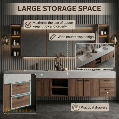 76''-96'' Double Bathroom Vanity with Sink Floating Double Wood Grain Panels Stone
