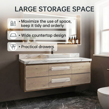 36''-64'' Floating Bathroom Vanity with Sink Wall-Mounted Wooden Marble Stone LED Mirror