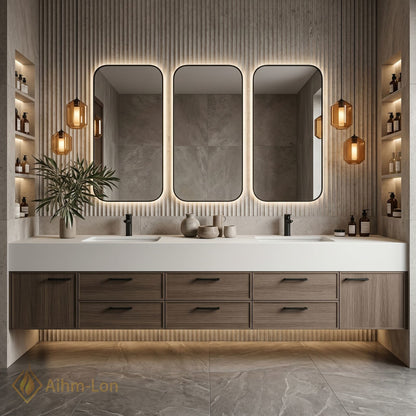 76''-96'' Double Bathroom Vanity with Sink Warm Wood Frame Wide White Top