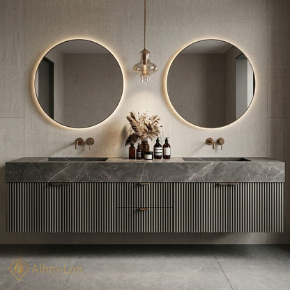 60''-96'' Double Bathroom Vanity with Sink Vertical Ribbed Front Dark Stone Vein