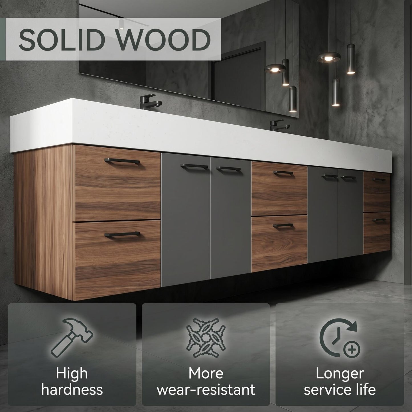 70''-96'' Modern Bathroom Vanity with Sink Dark Walnut Slatted Center Open Shelving