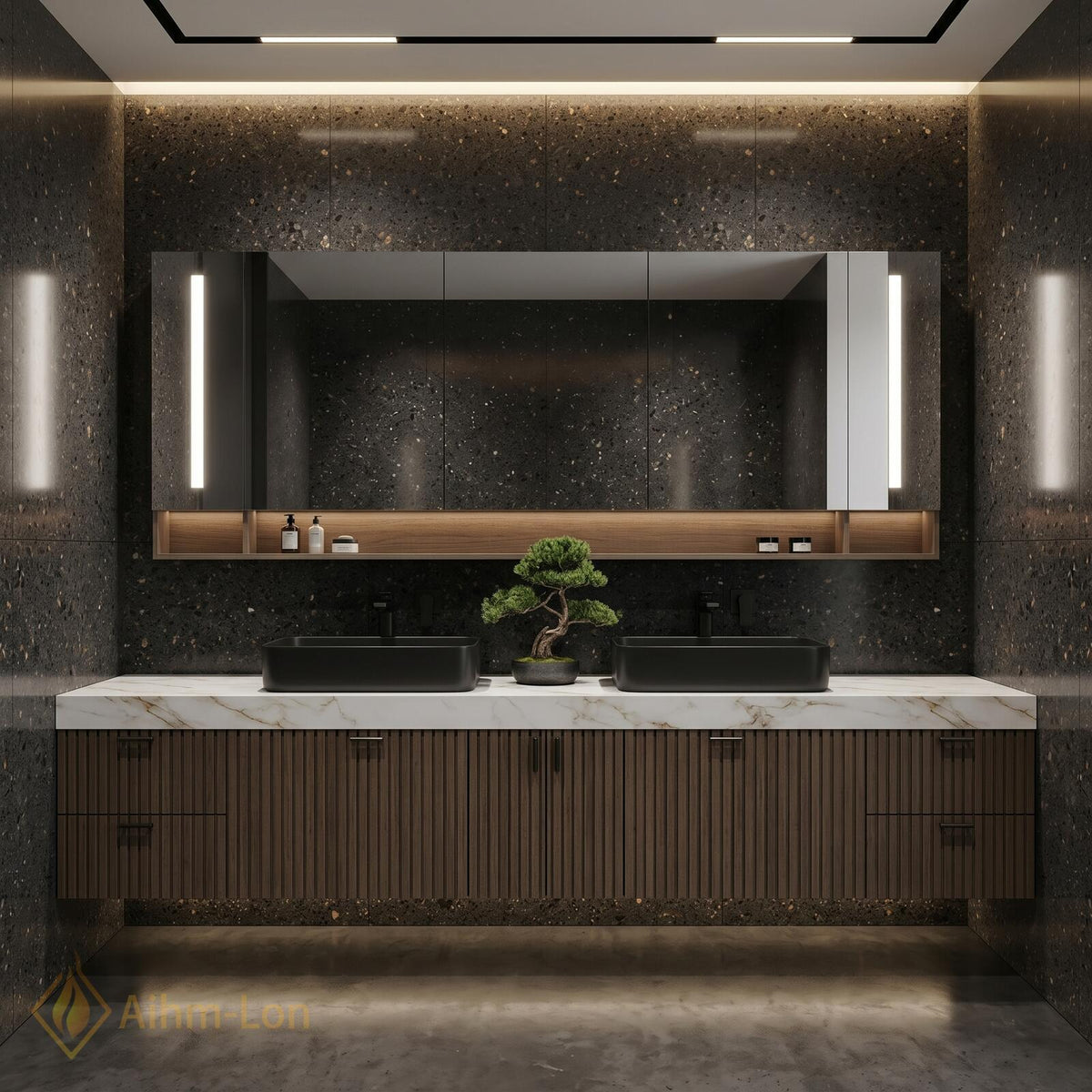 60''-96'' Double Bathroom Vanity with Sink Modern Floating Dark Walnut Slatted Doors